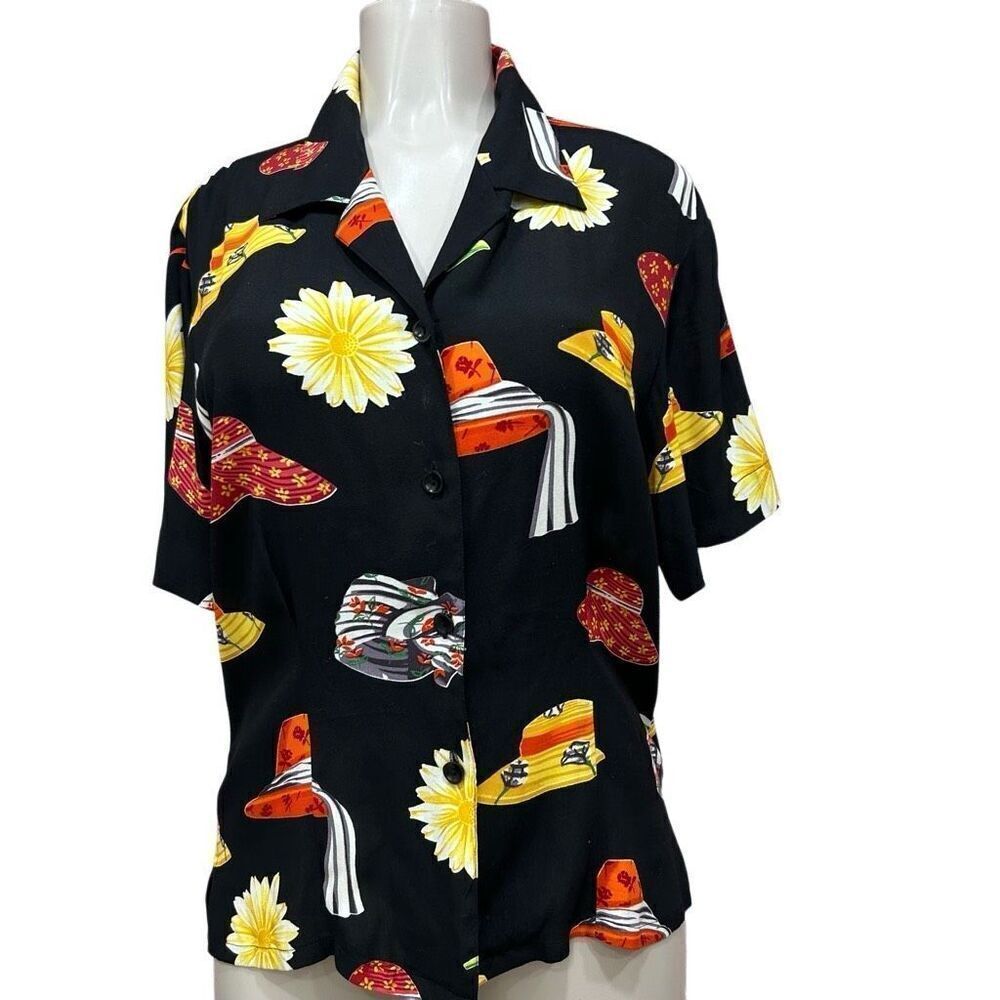 Dana Buchman Shirt Women’s Size 8 Short Sleeve Button Up Colorful Hat Flower